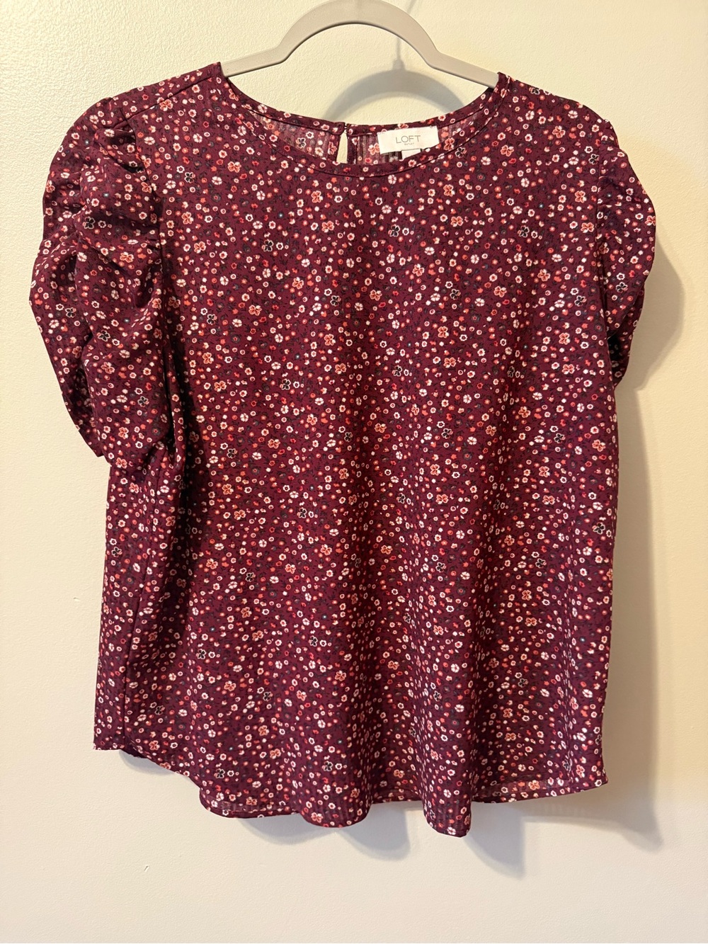 LOFT Burgundy Floral Puff-Sleeve Blouse